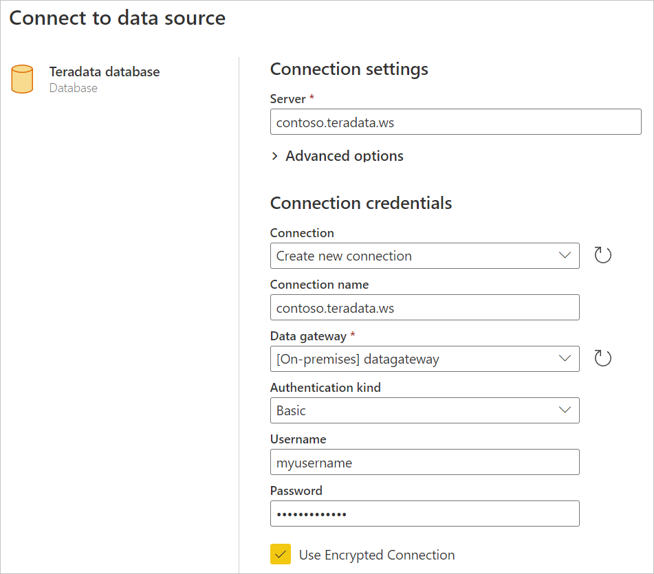 Schermopname van het scherm Verbinding maken met gegevensbronnen voor een onlineverbinding met een Teradata-database, met contoso.teradata.ws als voorbeeldserver.