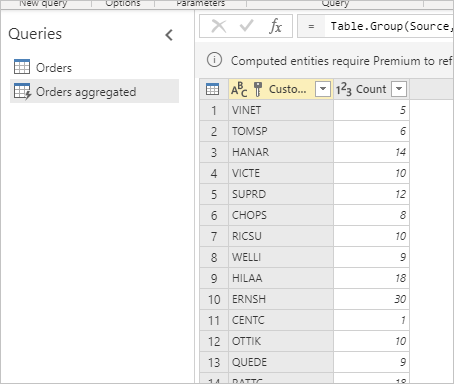Image showing the Customer column in the Orders aggregated entity emphasized.
