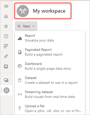 Schermopname waarin Mijn werkruimte in Power BI wordt benadrukt.