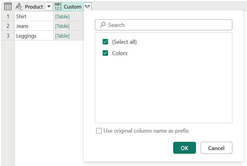 Schermopname van de uitgebreide cross-join aangepaste kolom.
