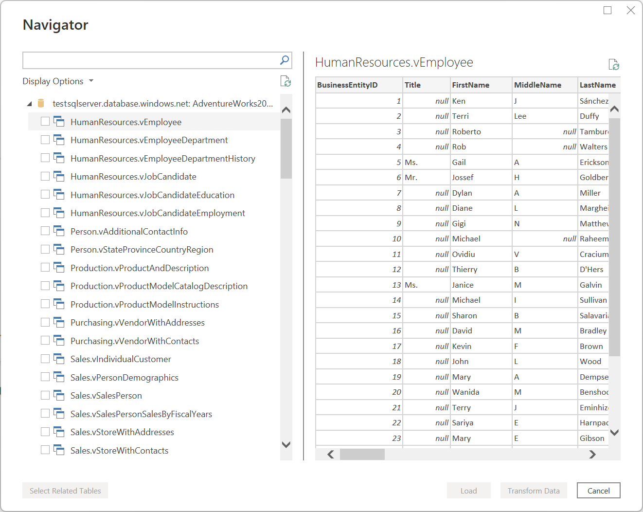 Navigatorvenster van SQL Server-connector in Power Query Desktop.