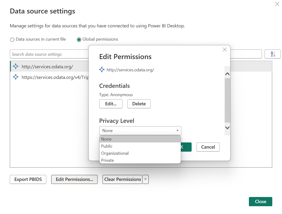 Schermopname van instellingen voor gegevensbronnen met het dialoogvenster Machtigingen bewerken geopend en de privacyniveaus weergegeven.