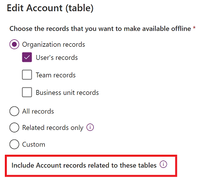 Schermopname van bewerkingsopties voor de tabel Account, met Accountrecords opnemen die betrekking hebben op deze tabellen gemarkeerd.