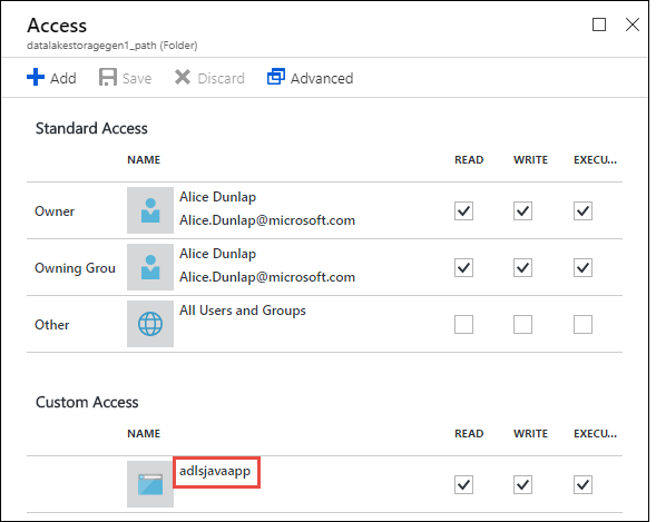 Schermopname van de blade Access met de zojuist toegevoegde groep die is gemarkeerd in de sectie Aangepaste toegang.