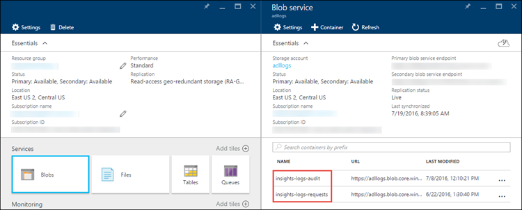 Schermopname van de blade Data Lake Storage Gen 1 met de optie Blobs geselecteerd en de blade Blogservice met de namen van de twee blobservices gemarkeerd.