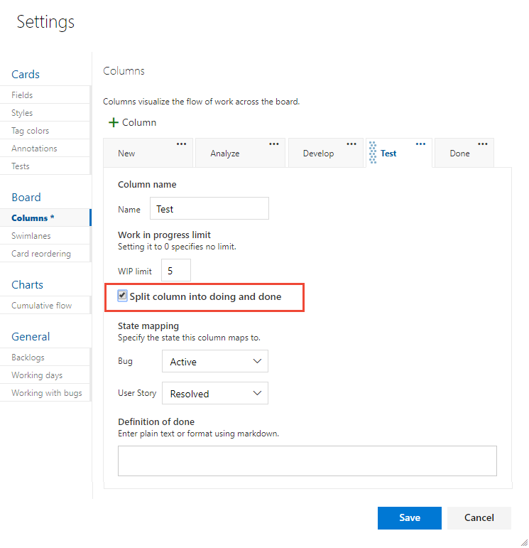 Screenshot of Kanban board settings dialog, Split columns.