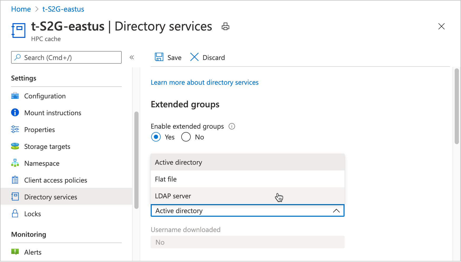 Schermopname van de pagina-instellingen van directoryservices in de portal, met de optie Ja geselecteerd voor uitgebreide groepen en het vervolgkeuzemenu met het label 'Bron downloaden' geopend.