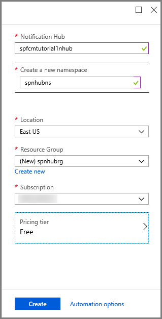 Azure Portal - eigenschappen van de Notification Hub instellen