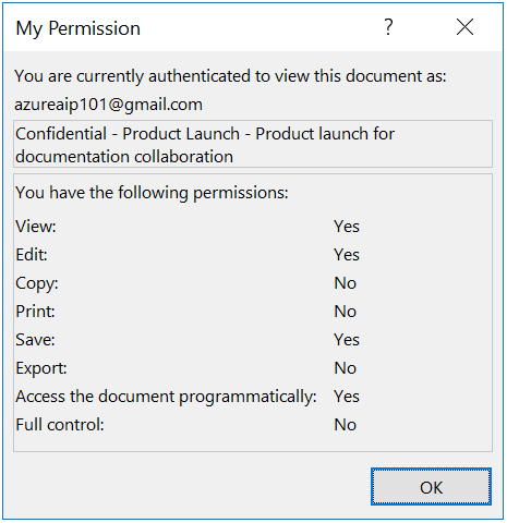 Azure Information Protection permissions example dialog box