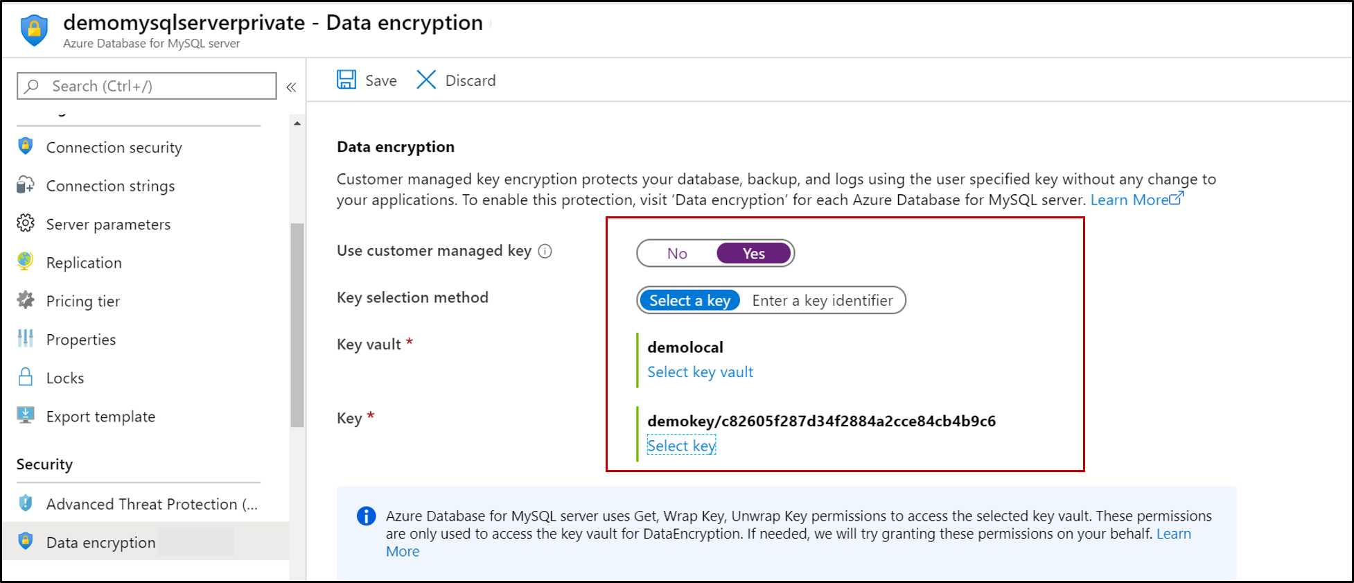 Schermopname van Azure Database for MySQL, met opties voor gegevensversleuteling gemarkeerd