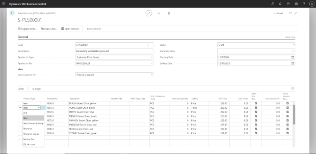 Shows new Sales Price List page New Sales Price List page