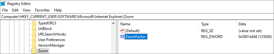 Schermopname van het venster Registereditor met het pad naar zoomfactor.