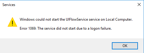 Schermopname van het dialoogvenster UIFlowService handmatig starten mislukt.