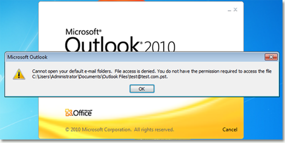 Schermafbeelding van foutbericht Outlook kan niet worden geopend.