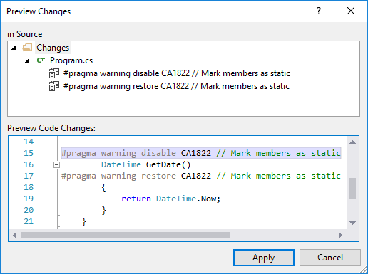 Preview of adding #pragma warning in code file