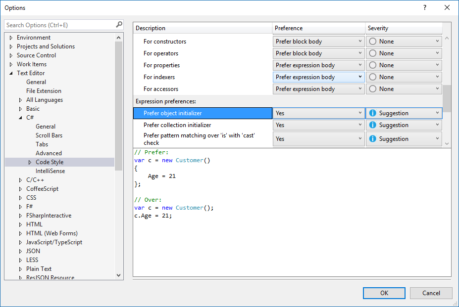Screenshot of code style options.