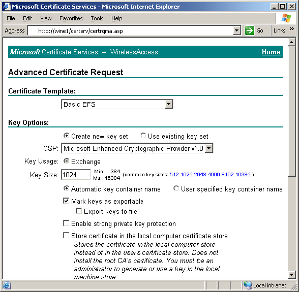 Certificeringsservices in IE installeren (bovenkant van pagina)