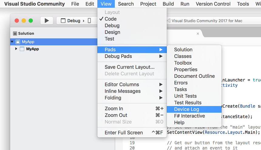 Location of Device Log menu item