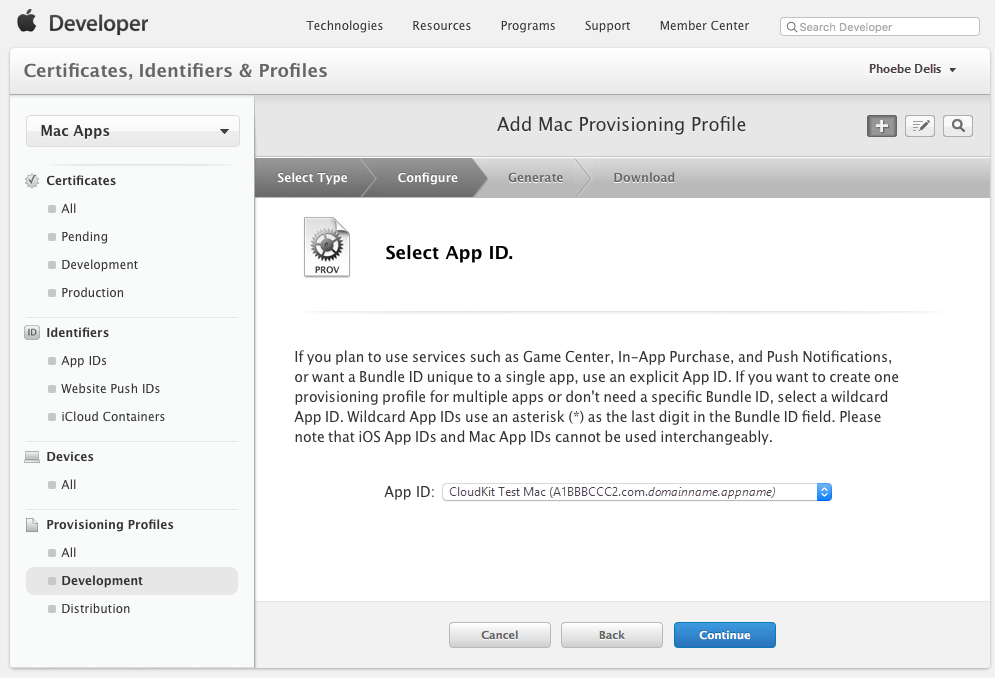Selecting the app ID