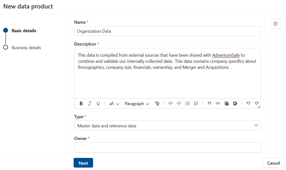 Screenshot of the new data product creator window with a name, description, and type added.