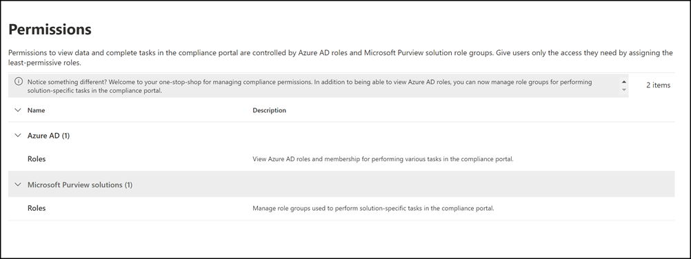 Permissions page in Microsoft Purview compliance portal.