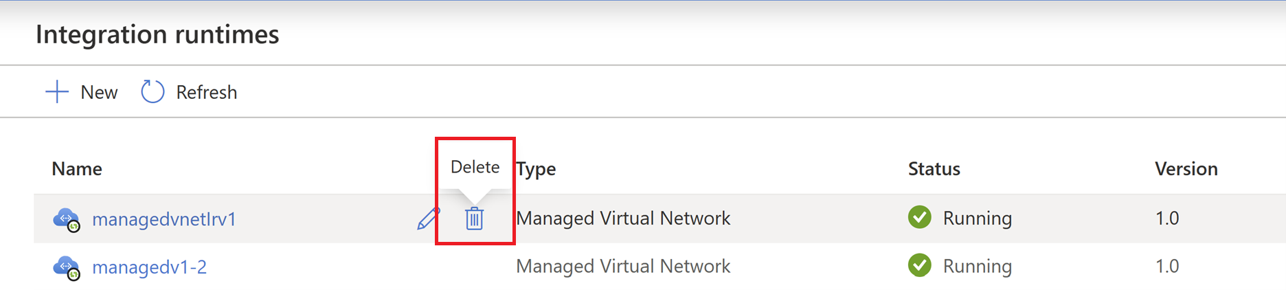 Screenshot of the integration runtime page, showing a managed virtual network highlighted with the delete button.