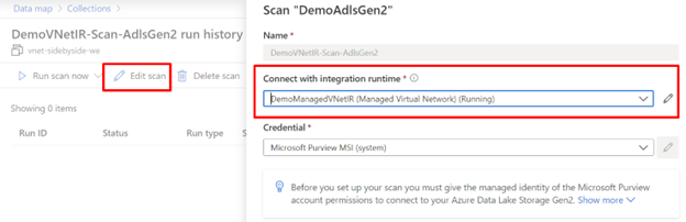 Screenshot of the scan page with edit scan selected and the integration runtime highlighted