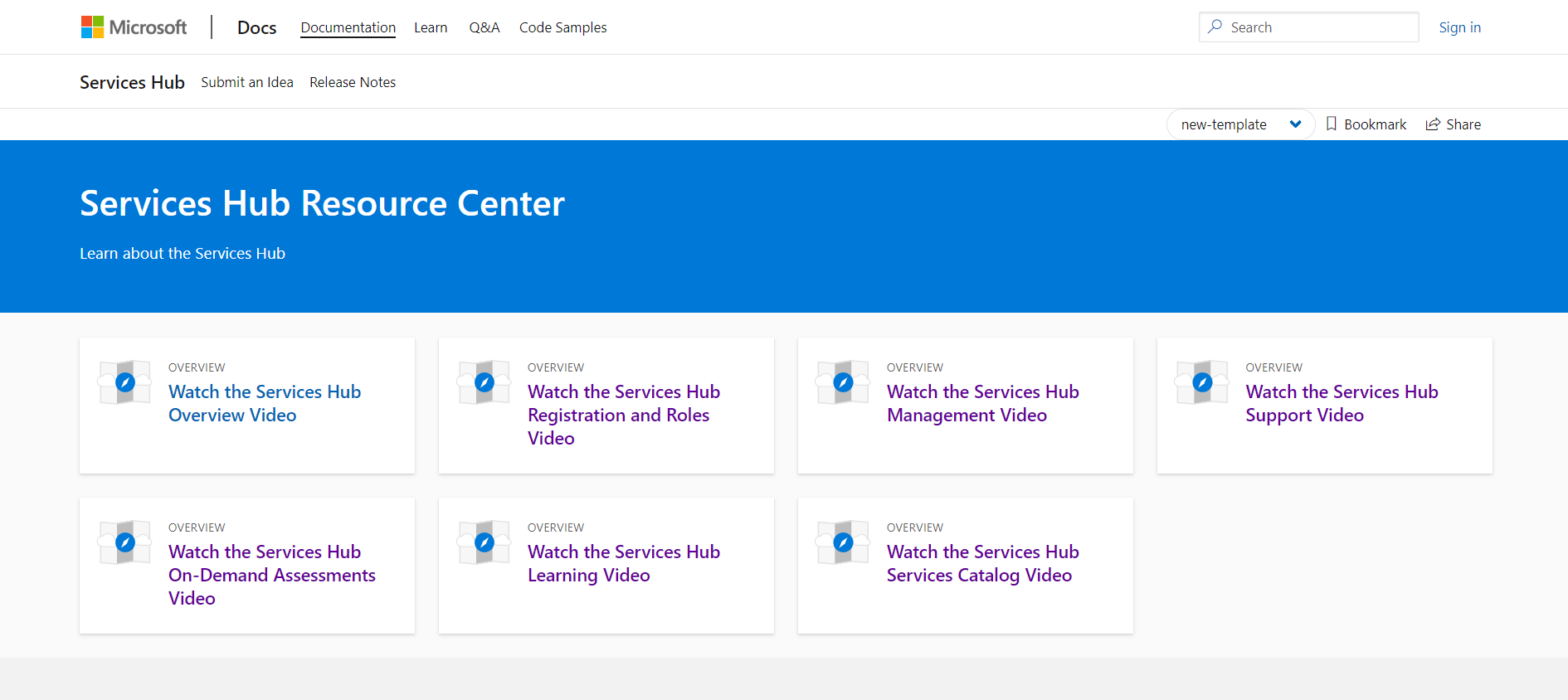 Dashboardweergave van Services Hub Resource Center met tegels voor Overzicht van videoselecties.