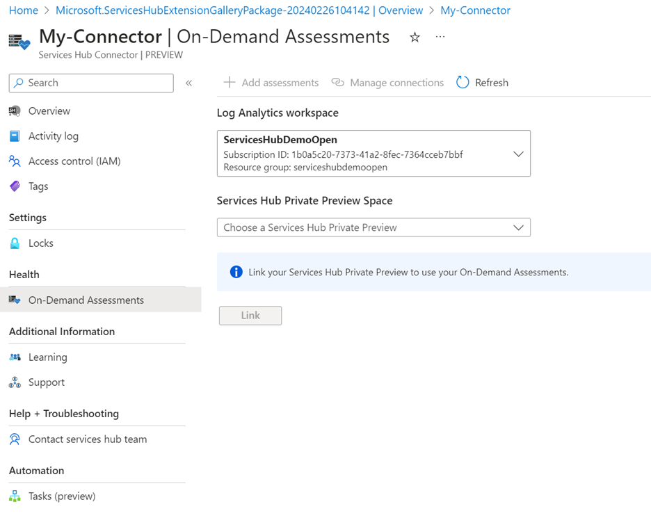 De overzichtspagina voor een nieuwe Services Hub vNext Preview-connectorbron.