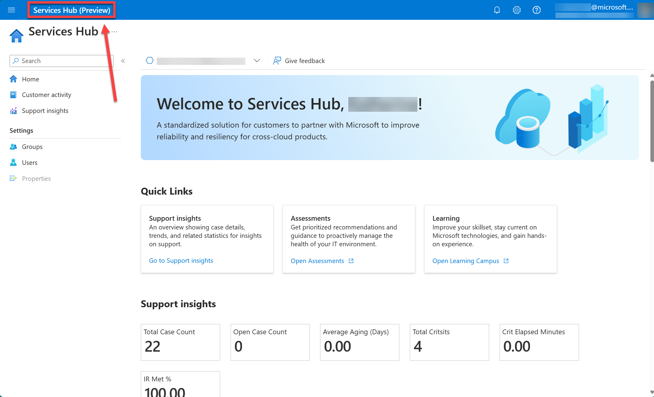 Startpagina van Services Hub vNext Preview.