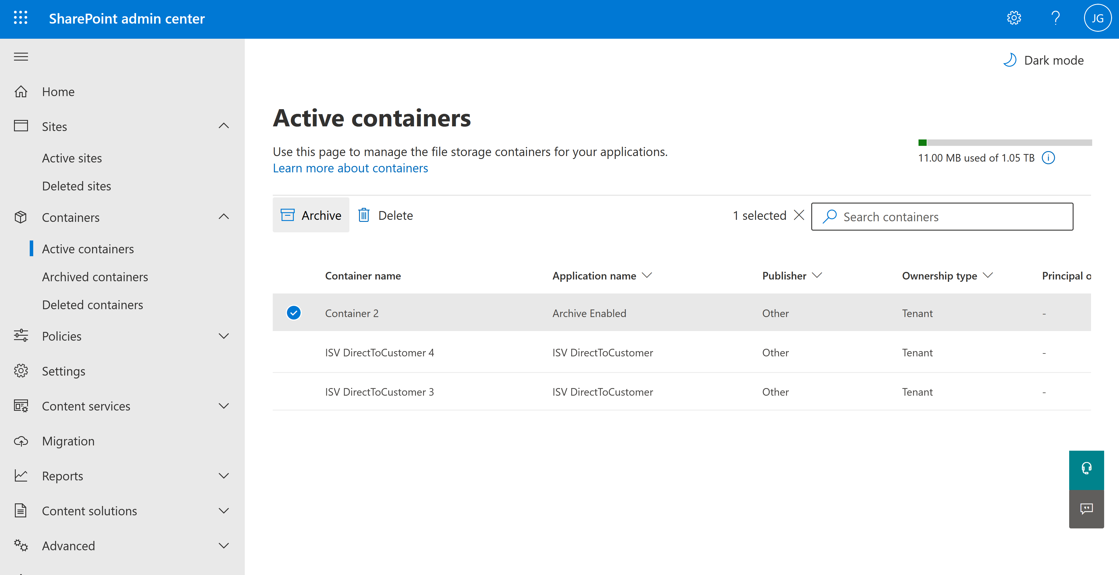 Archive action on the Active containers page with a container selected.