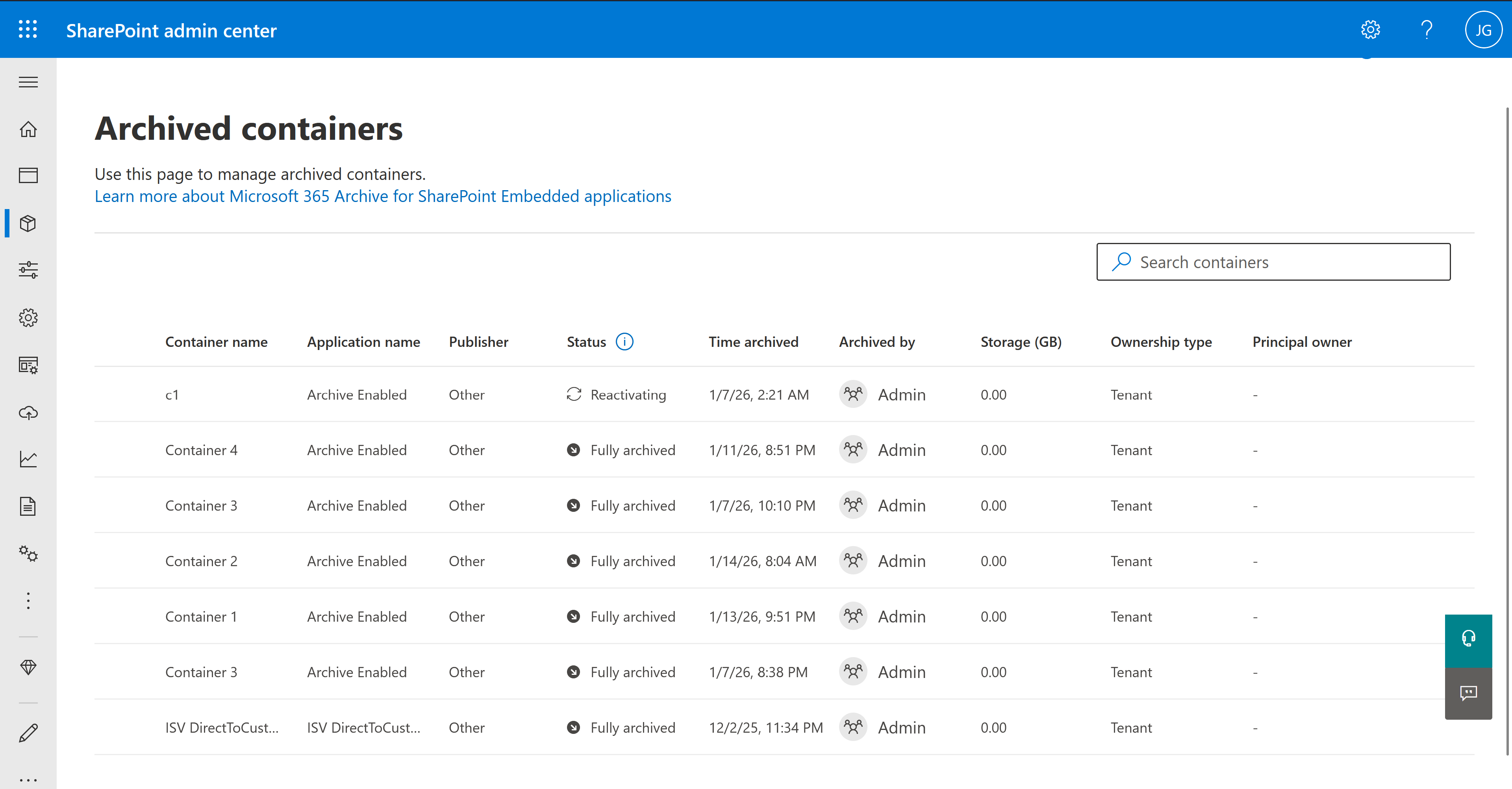 Archived containers page listing containers with columns for name, application, publisher, status, time archived, archived by, storage, ownership type, and principal owner.