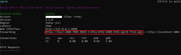 ngrok terminal output showing the public HTTPS forwarding URL that tunnels to the local server.