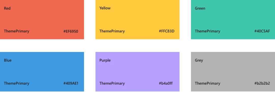 SharePoint dark theme color palette, Red EF6950, Yellow FFC83D, Green 00b294, Blue 3a96dd, Purple 9c89e9, Grey b1adab