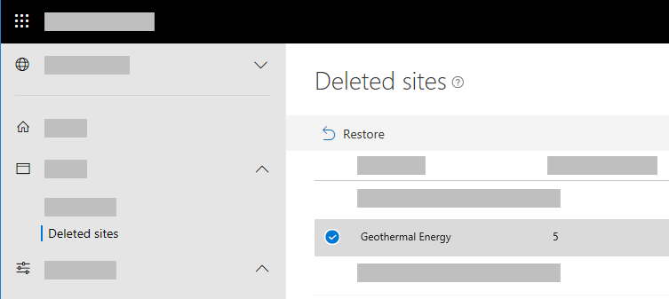 Screenshot that shows Deleted sites in the new SharePoint admin center