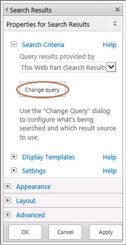 screen shot of Change Query button in Search Results Web Part tool pane