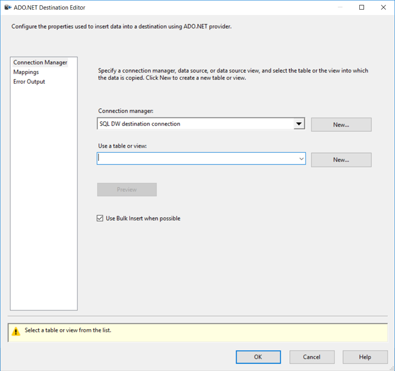 Screenshot of the the ADO.NET Destination Editor. The Connection Manager tab is visible and contains controls for configuring data flow properties.