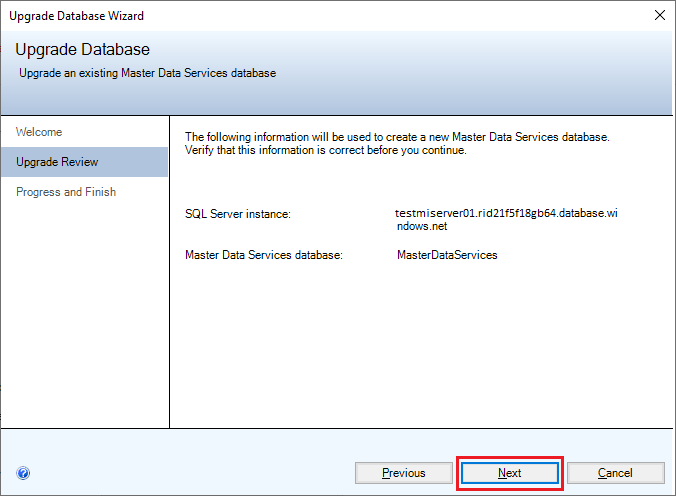 mds-SQLServer2019-Config-MI_UpgradeDBWizard Screenshot of the Upgrade Review page of the Upgrade Database Wizard.
