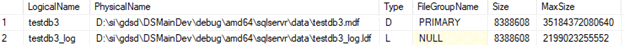 Schermopname van de resultaten van het filteren van de uitvoer van RESTORE FILELISTONLY naar een database.