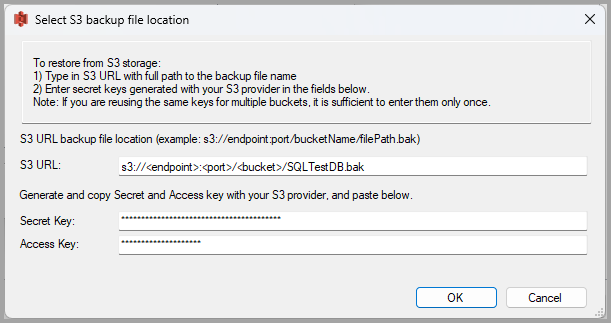 Schermopname van het dialoogvenster Back-upbestandslocatie van S3 selecteren met de URL- en sleutelvelden ingevuld.