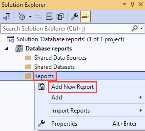 Schermopname van Solution Explorer die de mappen met rapportitems toont. De map Rapporten en 
