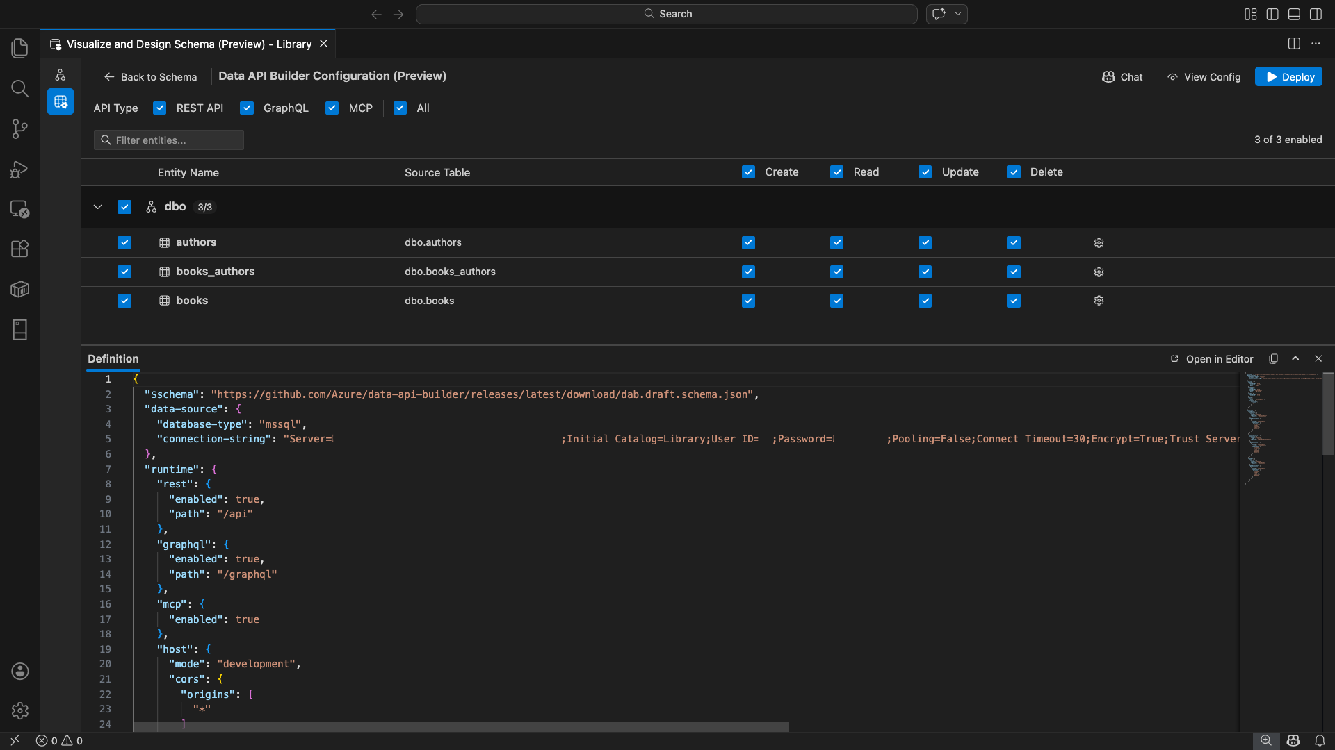 Schermopname van de gebruikersinterface van Data API Builder met entiteitslijst en CRUD-selectievakjes in Visual Studio Code.