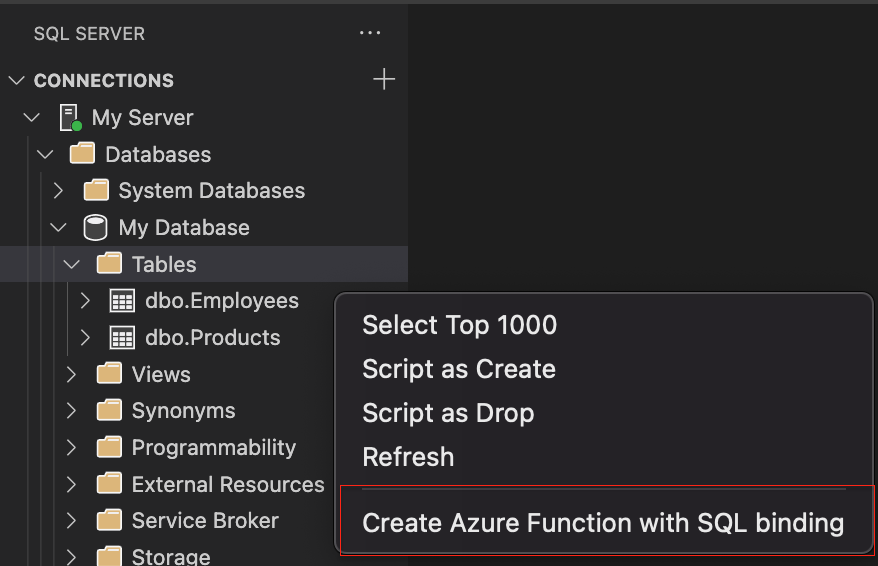 Screenshot of object explorer context menu to add a SQL binding from Table.