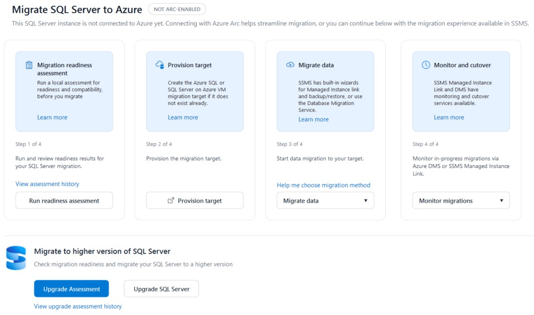 Schermafbeelding van migratie met migratieopties voor zelfstandige SQL Server instances.