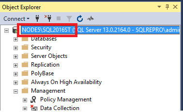 Schermopname van de naam van het SQL Server-exemplaar in Objectverkenner.