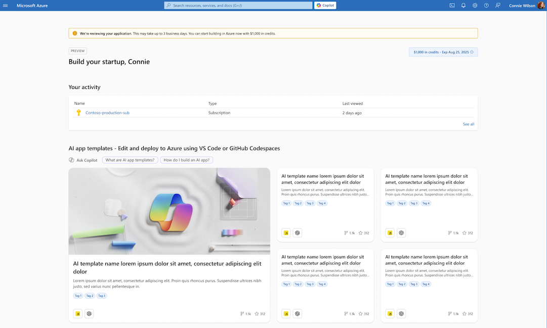 Bouw uw startupdashboard met bevestiging van ontgrendeld Azure-tegoed ter waarde van $1000.