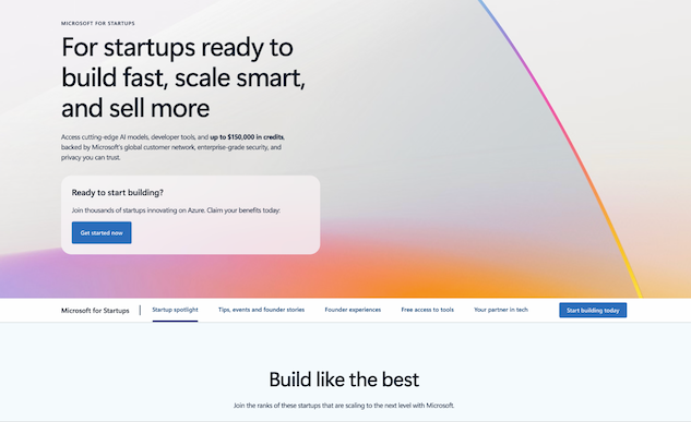 Microsoft voor start-ups-landingspagina met de CTA 'Ga nu aan de slag'.