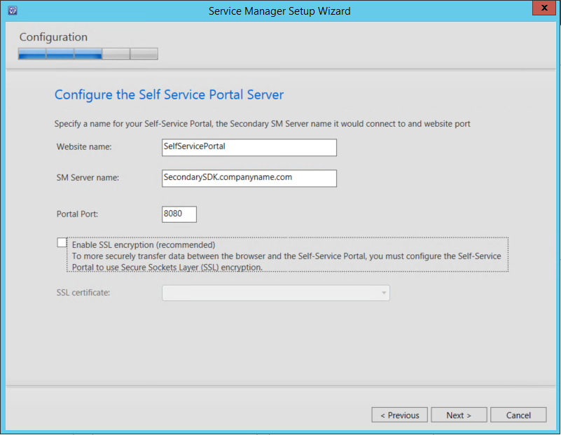Schermopname van het configureren van de Self-Service Portal-server.