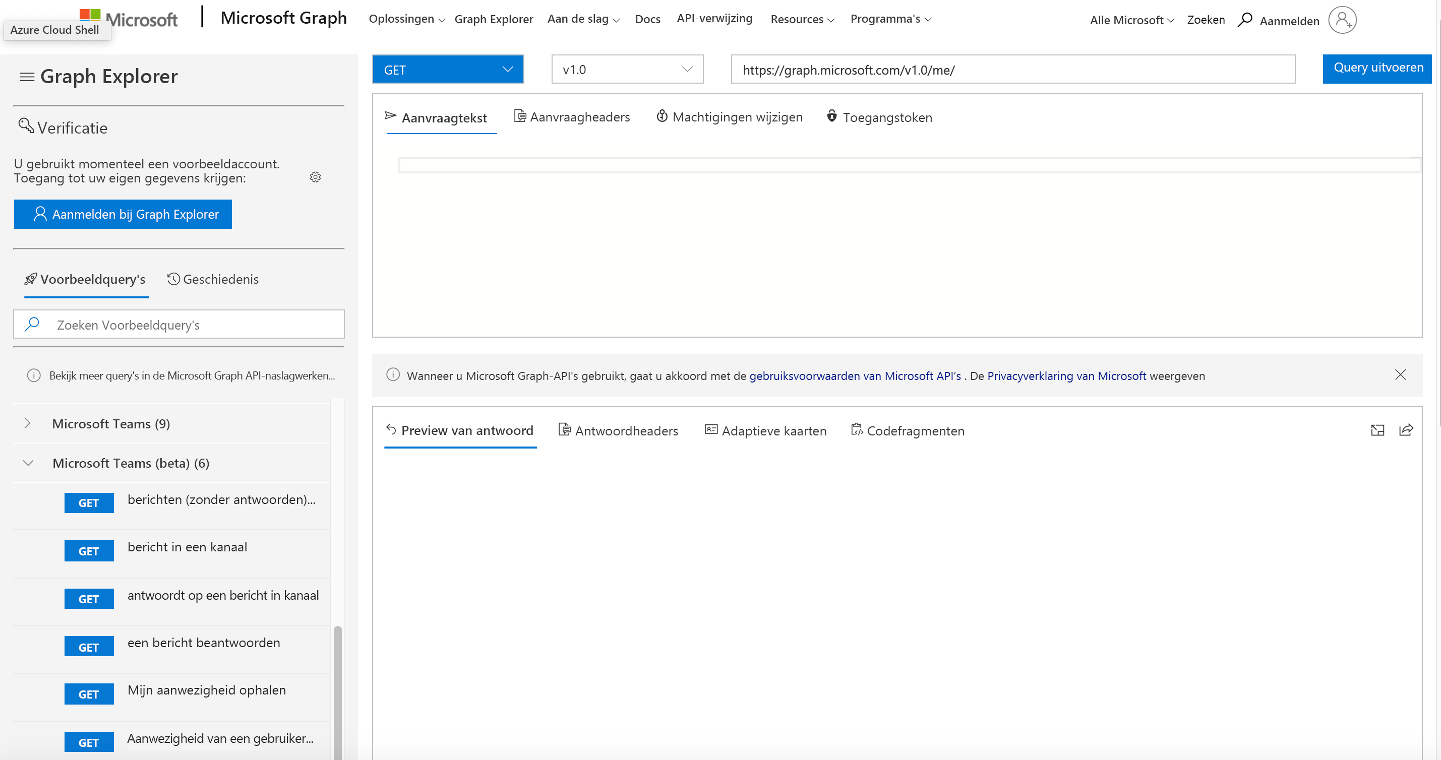 Schermopname van de microsoft Graph Explorer-webpagina.