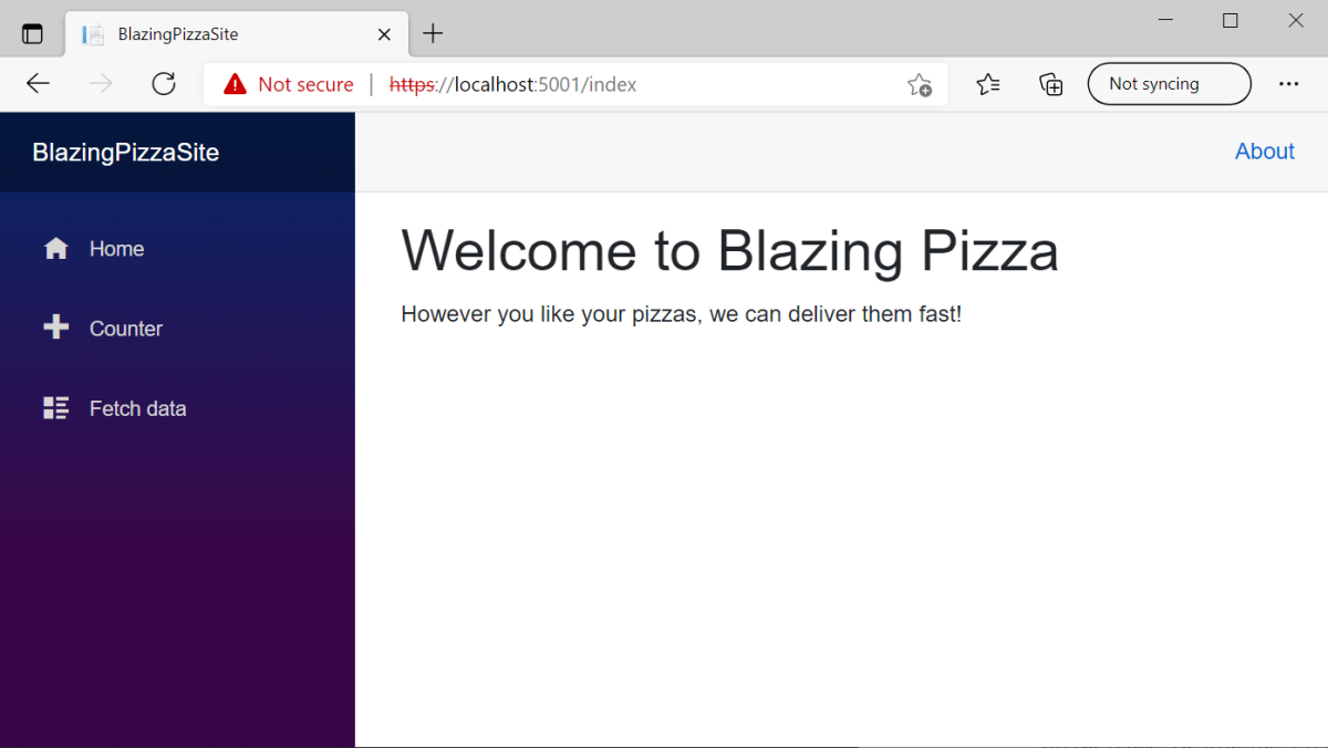 Schermopname van de vorige voorbeeldcode van het Blazor-onderdeel die wordt weergegeven als een webpagina in Microsoft Edge.